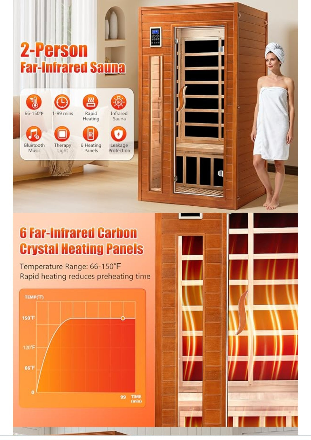 1-2 Person Infrared Sauna, Dry Heat Sauna with Red Light Therapy, Bluetooth, Radio, 7-Color Therapy Light for Home, Indoor, Gym, Wellness Center, 40″ x 36″ x 73″