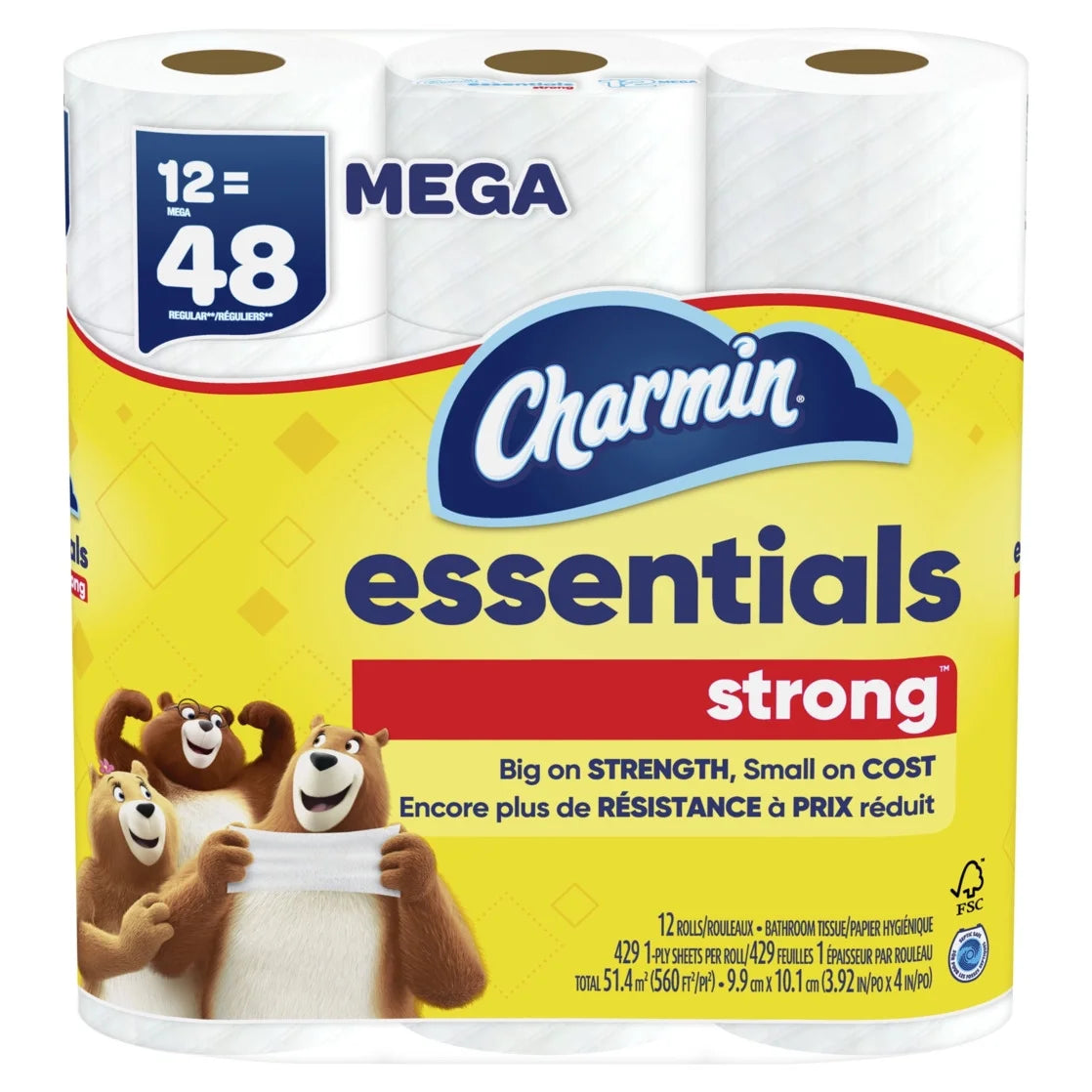 Essentials Strong Toilet Paper 6 Mega Rolls, 429 Sheets per Roll