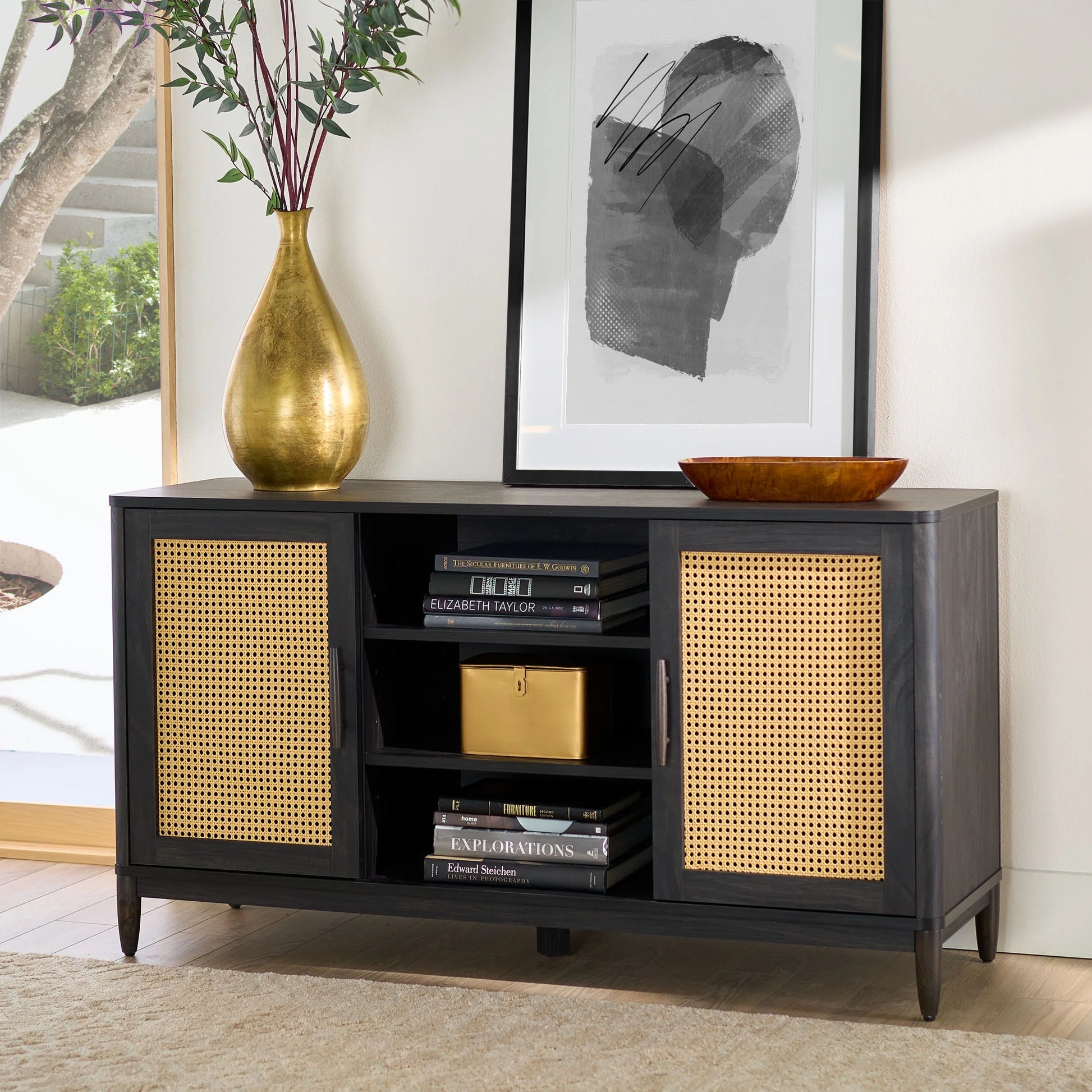 Springwood Cane TV Stand for Tv'S up to 65", Light Honey Finish